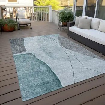 9' X 12' Teal Blue Aqua And Gray Abstract Washable Indoor Outdoor Area Rug