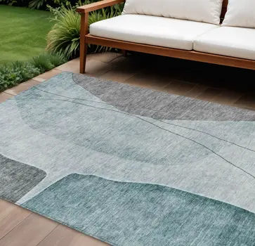 10' X 14' Teal Blue Aqua And Gray Abstract Washable Indoor Outdoor Area Rug