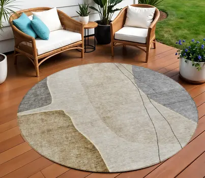 8' Taupe Beige And Gray Round Abstract Washable Indoor Outdoor Area Rug