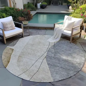 8' Taupe Beige And Gray Round Abstract Washable Indoor Outdoor Area Rug