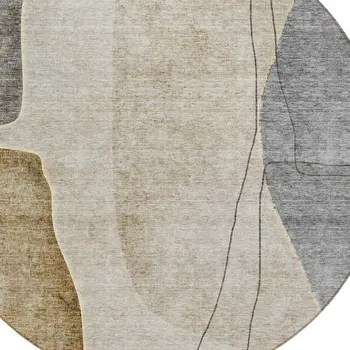 8' Taupe Beige And Gray Round Abstract Washable Indoor Outdoor Area Rug