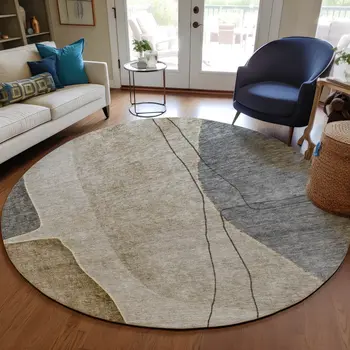 8' Taupe Beige And Gray Round Abstract Washable Indoor Outdoor Area Rug