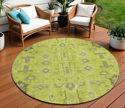 8' Artichoke Green And Fern Green Round Oriental Washable Indoor Outdoor Area Rug