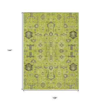 9' X 12' Artichoke Green And Fern Green Oriental Washable Indoor Outdoor Area Rug