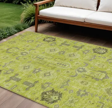 9' X 12' Artichoke Green And Fern Green Oriental Washable Indoor Outdoor Area Rug