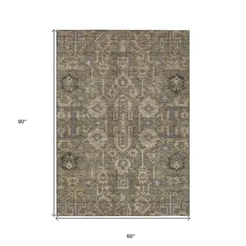 5' X 8' Brown Gray And Charcoal Oriental Washable Indoor Outdoor Area Rug