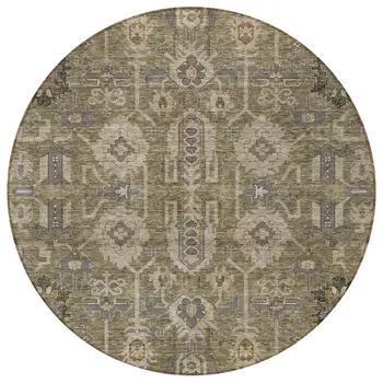 8' Brown Gray And Charcoal Round Oriental Washable Indoor Outdoor Area Rug