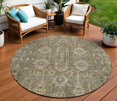 8' Brown Gray And Charcoal Round Oriental Washable Indoor Outdoor Area Rug