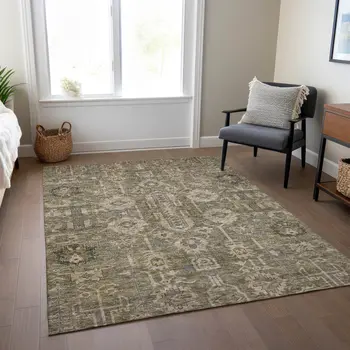 10' X 14' Brown Gray And Charcoal Oriental Washable Indoor Outdoor Area Rug