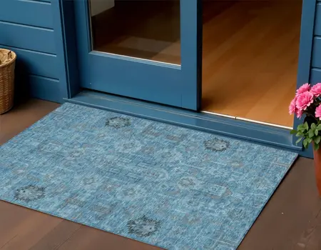 3' X 5' Sky Blue And Gray Oriental Washable Indoor Outdoor Area Rug