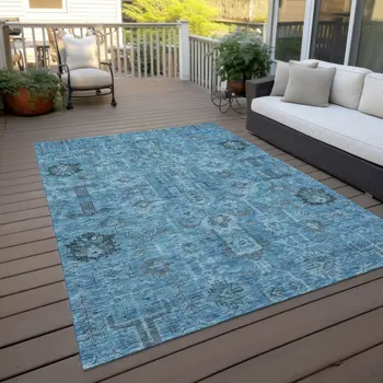 3' X 5' Sky Blue And Gray Oriental Washable Indoor Outdoor Area Rug