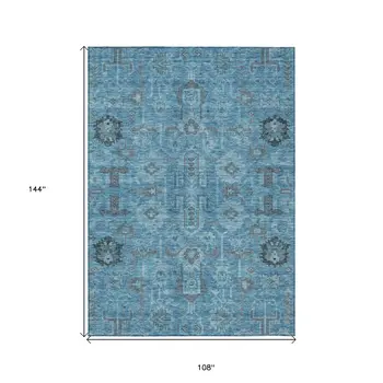 9' X 12' Sky Blue And Gray Oriental Washable Indoor Outdoor Area Rug