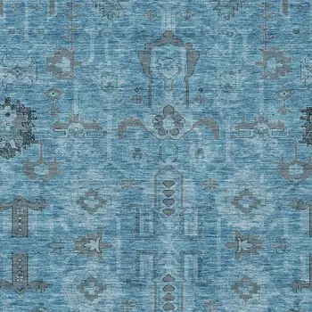 9' X 12' Sky Blue And Gray Oriental Washable Indoor Outdoor Area Rug