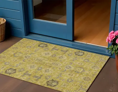 3' X 5' Gold Wheat And Gray Oriental Washable Indoor Outdoor Area Rug