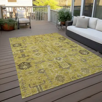 3' X 5' Gold Wheat And Gray Oriental Washable Indoor Outdoor Area Rug