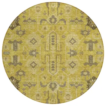 8' Gold Wheat And Gray Round Oriental Washable Indoor Outdoor Area Rug