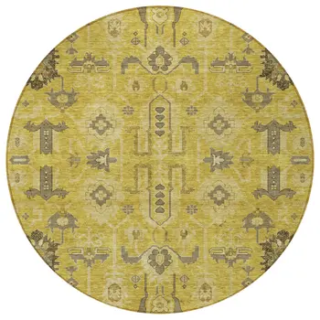 8' Gold Wheat And Gray Round Oriental Washable Indoor Outdoor Area Rug