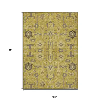 9' X 12' Gold Wheat And Gray Oriental Washable Indoor Outdoor Area Rug