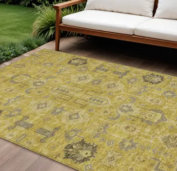 10' X 14' Gold Wheat And Gray Oriental Washable Indoor Outdoor Area Rug