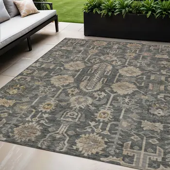 5' X 8' Gray Silver And Beige Oriental Washable Indoor Outdoor Area Rug