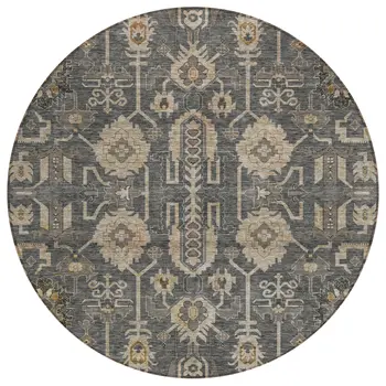 8' Gray Silver And Beige Round Oriental Washable Indoor Outdoor Area Rug