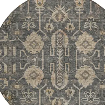 8' Gray Silver And Beige Round Oriental Washable Indoor Outdoor Area Rug
