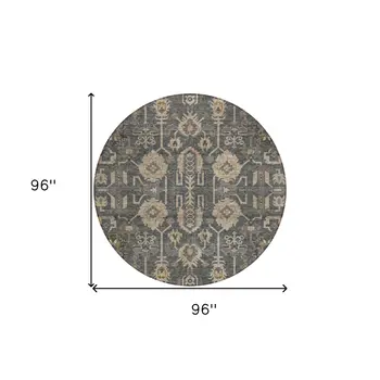 8' Gray Silver And Beige Round Oriental Washable Indoor Outdoor Area Rug