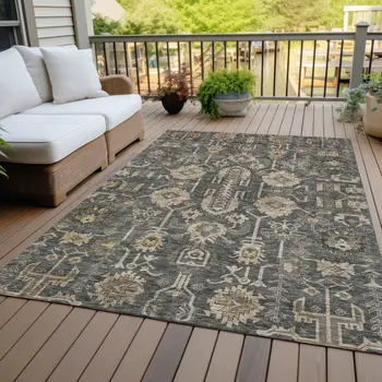 8' X 10' Gray Silver And Beige Oriental Washable Indoor Outdoor Area Rug