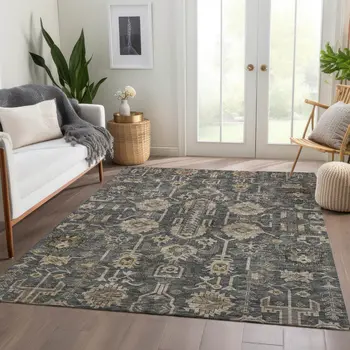 8' X 10' Gray Silver And Beige Oriental Washable Indoor Outdoor Area Rug