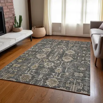 8' X 10' Gray Silver And Beige Oriental Washable Indoor Outdoor Area Rug