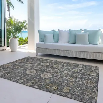 8' X 10' Gray Silver And Beige Oriental Washable Indoor Outdoor Area Rug