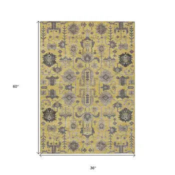 3' X 5' Yellow Gray And Charcoal Oriental Washable Indoor Outdoor Area Rug