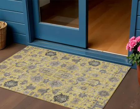 3' X 5' Yellow Gray And Charcoal Oriental Washable Indoor Outdoor Area Rug