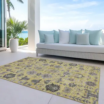 5' X 8' Yellow Gray And Charcoal Oriental Washable Indoor Outdoor Area Rug