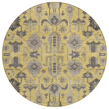 8' Yellow Gray And Charcoal Round Oriental Washable Indoor Outdoor Area Rug