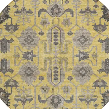 8' Yellow Gray And Charcoal Round Oriental Washable Indoor Outdoor Area Rug