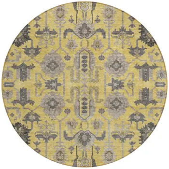 8' Yellow Gray And Charcoal Round Oriental Washable Indoor Outdoor Area Rug