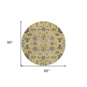 8' Yellow Gray And Charcoal Round Oriental Washable Indoor Outdoor Area Rug