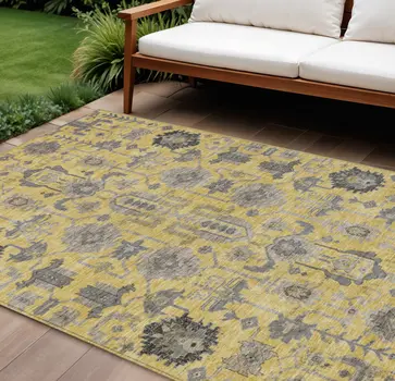 8' X 10' Yellow Gray And Charcoal Oriental Washable Indoor Outdoor Area Rug