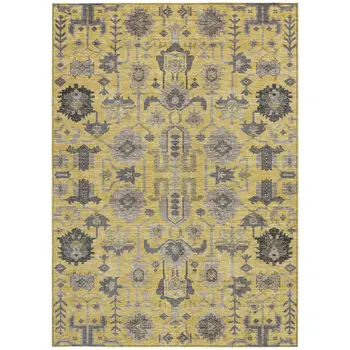 9' X 12' Yellow Gray And Charcoal Oriental Washable Indoor Outdoor Area Rug