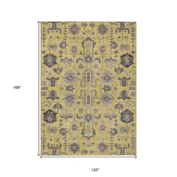 10' X 14' Yellow Gray And Charcoal Oriental Washable Indoor Outdoor Area Rug