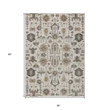 3' X 5' Ivory Beige And Taupe Oriental Washable Indoor Outdoor Area Rug