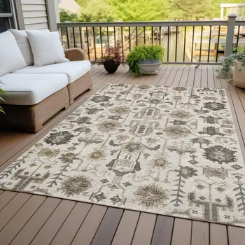 3' X 5' Ivory Beige And Taupe Oriental Washable Indoor Outdoor Area Rug