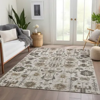3' X 5' Ivory Beige And Taupe Oriental Washable Indoor Outdoor Area Rug