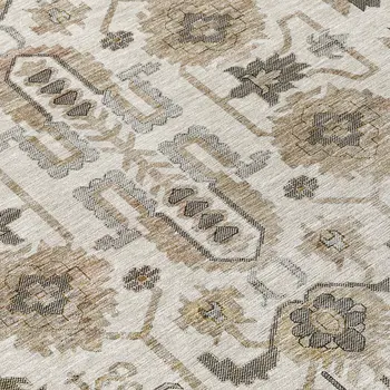 8' Ivory Beige And Taupe Round Oriental Washable Indoor Outdoor Area Rug