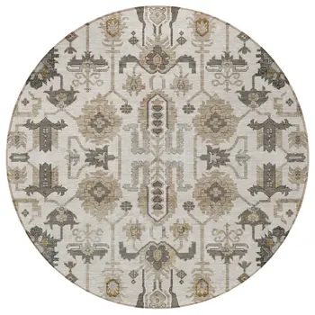 8' Ivory Beige And Taupe Round Oriental Washable Indoor Outdoor Area Rug