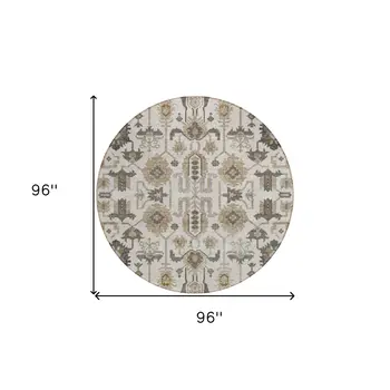 8' Ivory Beige And Taupe Round Oriental Washable Indoor Outdoor Area Rug