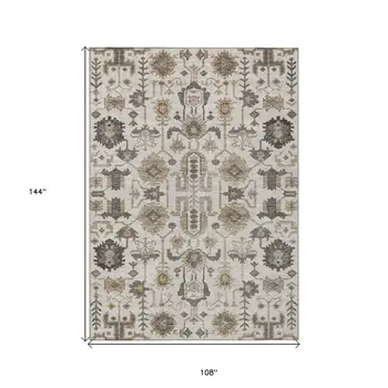 9' X 12' Ivory Beige And Taupe Oriental Washable Indoor Outdoor Area Rug