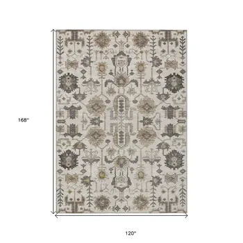 10' X 14' Ivory Beige And Taupe Oriental Washable Indoor Outdoor Area Rug
