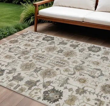 10' X 14' Ivory Beige And Taupe Oriental Washable Indoor Outdoor Area Rug